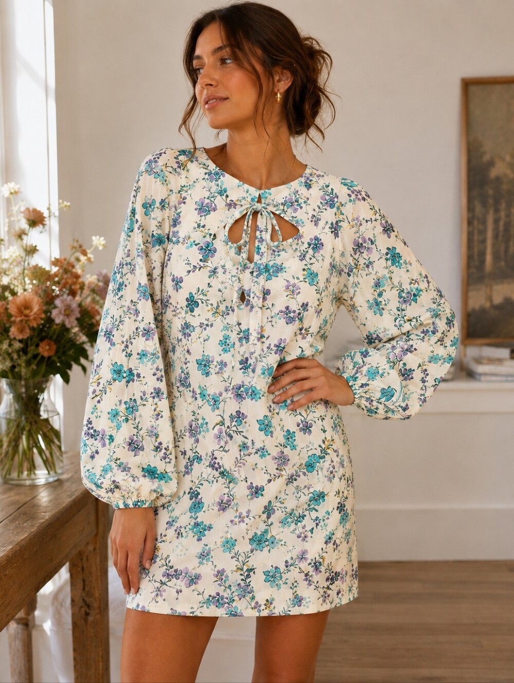 Storia Cream Mini Dress with Lavender and Teal Floral Print and Tie Neck